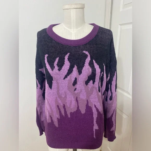 Fire Pattern Drop Shoulder Purple Ombré Flame Oversized Sweater Size Small 4 - Picture 4 of 12